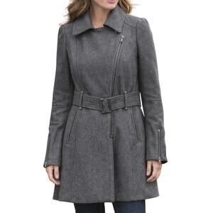 Kenneth Cole New York Women's 8 Gray Wool Blend Belted Coat Zip Cuffs